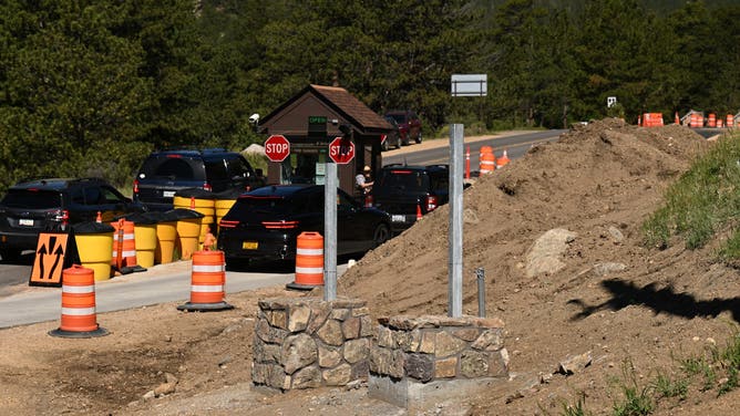 ESTES PARK, COLORADO - JUNE 11: Visitors arrive at the Fall River Entrance of Rocky Mountain National Park near Estes Park, Colorado on June 11, 2024.