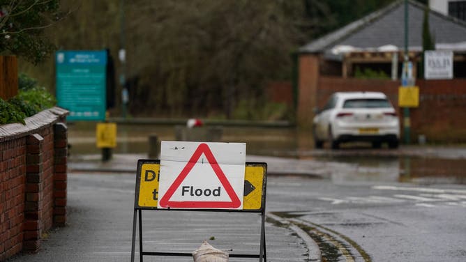 Flood signage in place at Shipston-on-Stour, Warwickshire, more than 200 flood alerts are in place in the UK as Storm Bert continues to sweep across the country. Picture date: Sunday November 24, 2024.