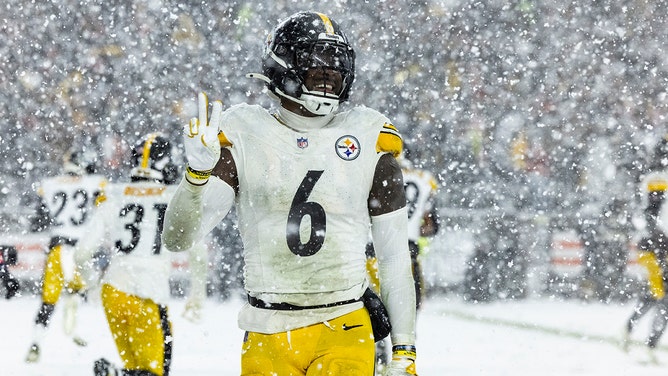 Patrick Queen #6 of the Pittsburgh Steelers celebrates after an interception in the second half of the game against the Cleveland Browns at Huntington Bank Field on November 21, 2024 in Cleveland, Ohio.