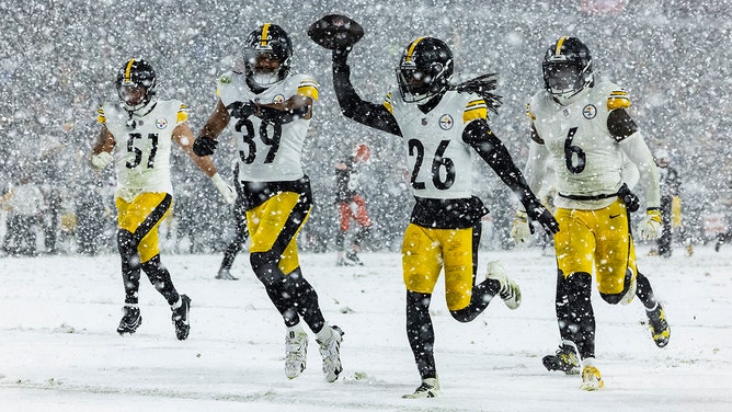 Donte Jackson #26 of the Pittsburgh Steelers celebrates after intercepting a pass in the second half of the game against the Cleveland Browns at Huntington Bank Field on November 21, 2024 in Cleveland, Ohio.