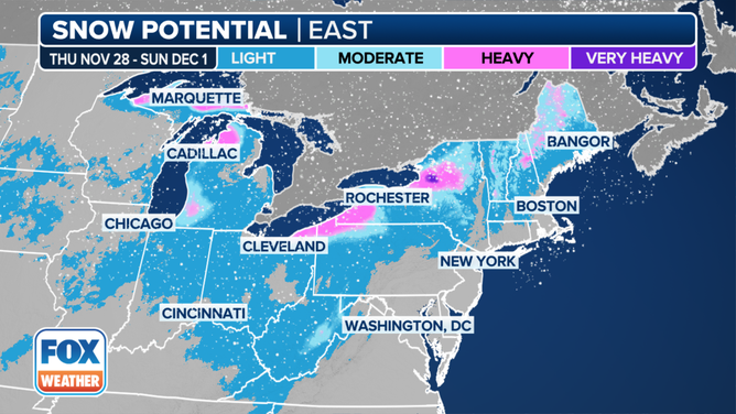 This graphic shows the snow potential in the Northeast starting on Thanksgiving.