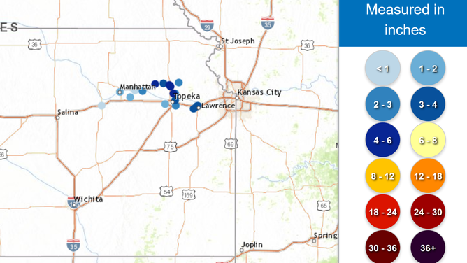 Estimated snowfall from Plains into Midwest