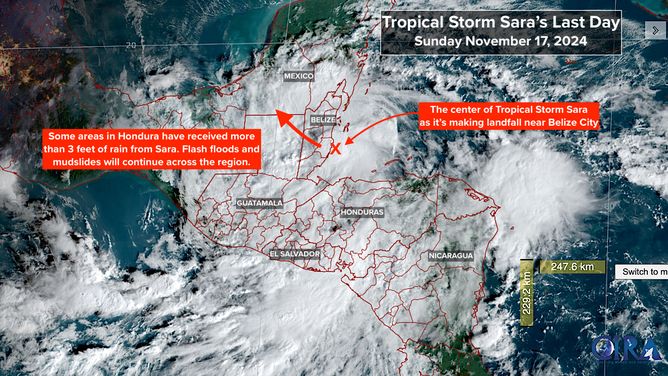 Tropical Storm Sara will move inland across Belize Sunday and likely come apart over the Yucatán Peninsula of Mexico Monday.