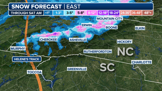 Snow forecast for western North Carolina, along with an orange line denoting Helene's track