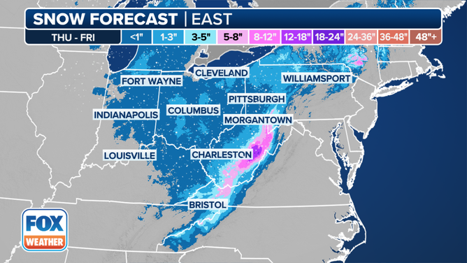 This graphic shows the forecast snow totals this week.