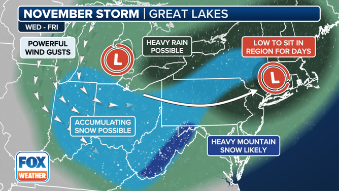 This graphic provides an overview of powerful storms moving across the U.S. this week.