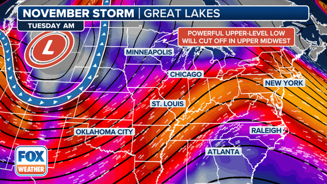 This graphic shows the setup for a winter storm moving across the U.S. this week.