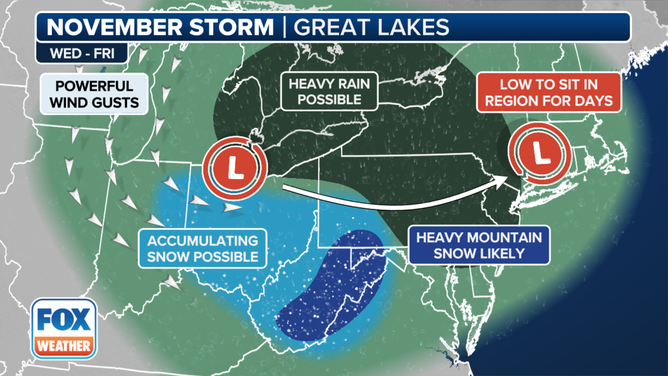 This graphic provides an overview of powerful storms moving across the U.S. this week.