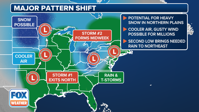 This graphic provides an overview of powerful storms moving across the U.S. this week.