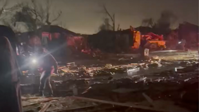 This image shows major damage in Oklahoma City after severe weather blasted the region Saturday night into early Sunday morning.