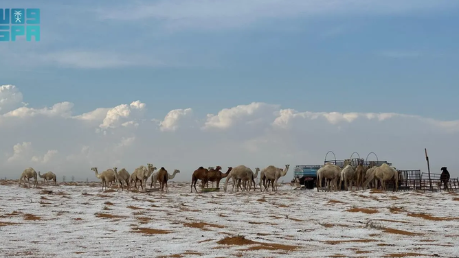 Hail coated the ground in northern Saudi Arabia on Nov. 2, 2024.