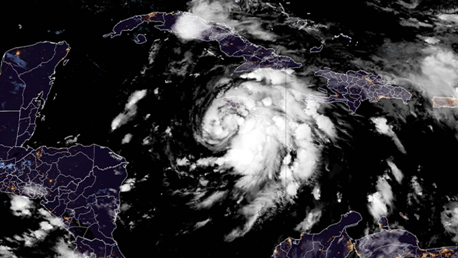 This satellite image shows Tropical Storm Rafael in the Caribbean Sea on Tuesday, November 5, 2024.