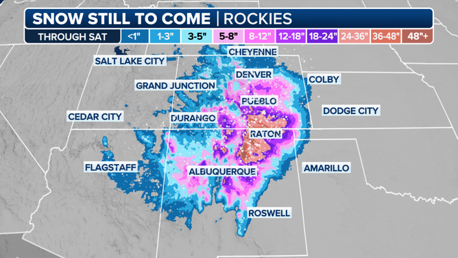 Snow still to come for the Rockies through Saturday.