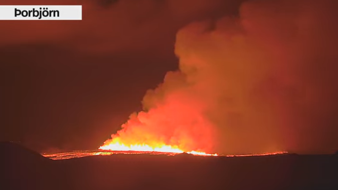 Lava spews from volcanic fissure in Iceland