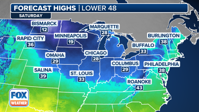 This graphic shows the forecast high temperatures on Saturday, Nov. 30, 2024.