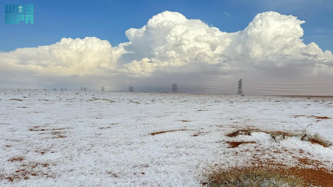 Hail coated the ground in northern Saudi Arabia on Nov. 2, 2024.