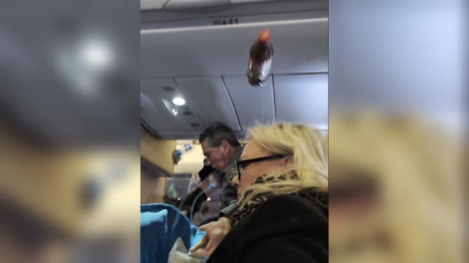 A soda bottle flies over a woman's head when a flight from Sweden to Florida hit severe turbulence on Nov. 14.