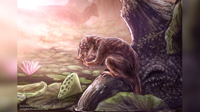 Artist's depiction of H. piceanus in a Late Cretaceous swamp. (Illustration by Brian Engh-LivingRelicProductions.com, courtesy of Utah Field House of Natural History)