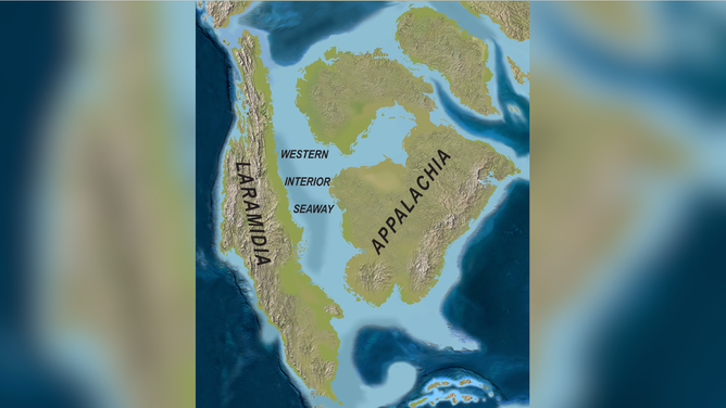 Map of a body of water known as the Western Interior Seaway covering much of North America roughly 75 million years ago.