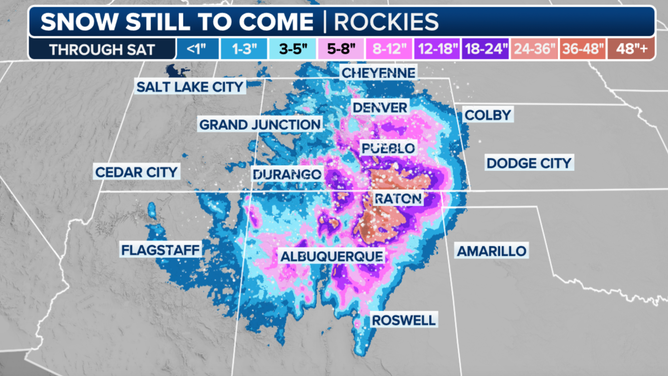 Snow still to come for the Rockies through Saturday.