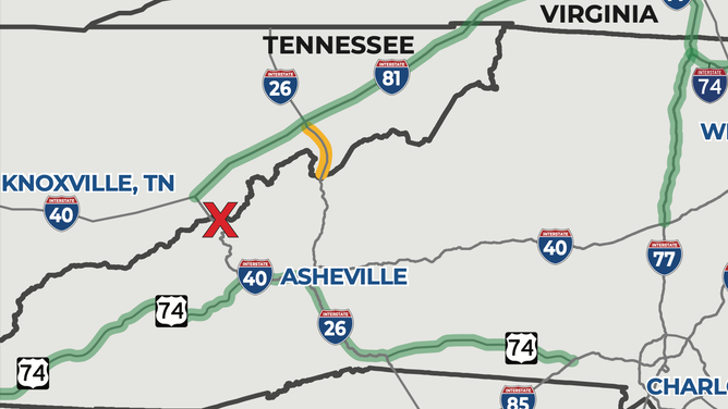 "X" marks the stretch of I-40 that has been closed due to Helene.