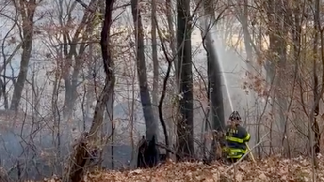 NY firefighters at the scene of the brush fire at Harlem River Drive and 155th Street.