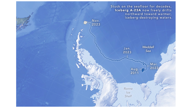 2011 年 8 月 (濃い青色のパッチ) から 2023 年 11 月 (白い氷山の形) までの A23a の経路。