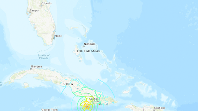 This graphic on the USGS website shows locations where shaking was felt after earthquakes off the coast of Cuba on Sunday, Nov. 10, 2024.