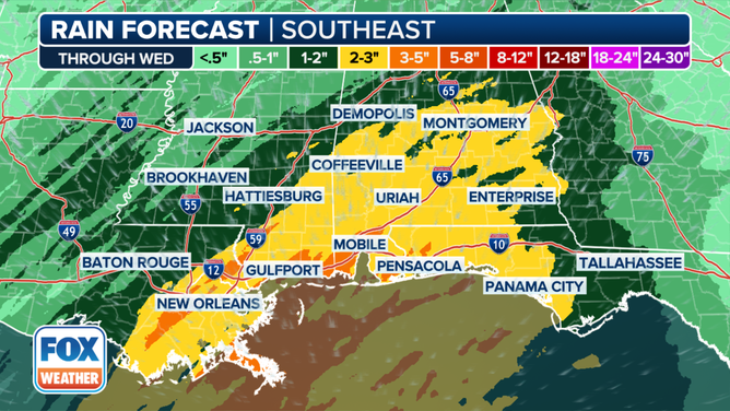 This graphic shows the forecast rain totals along the Gulf Coast.