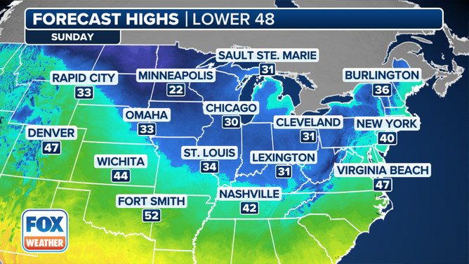 This graphic shows the forecast high temperatures on Sunday, Dec. 1, 2024.