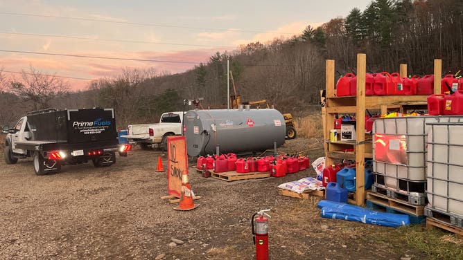 A temporary gas station in Pensacola, North Carolina, for Hurricane Helene survivors who need gas.