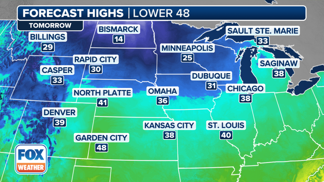 This graphic shows the forecast high temperatures on Thursday, Nov. 28, 2024.