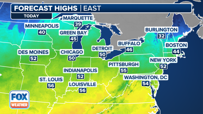 This graphic shows the forecast high temperatures on Monday, Dec. 9, 2024.