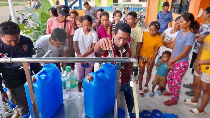 Water filtration system set up in La Castellana in the Philippines after a volcano prompted evacuations.