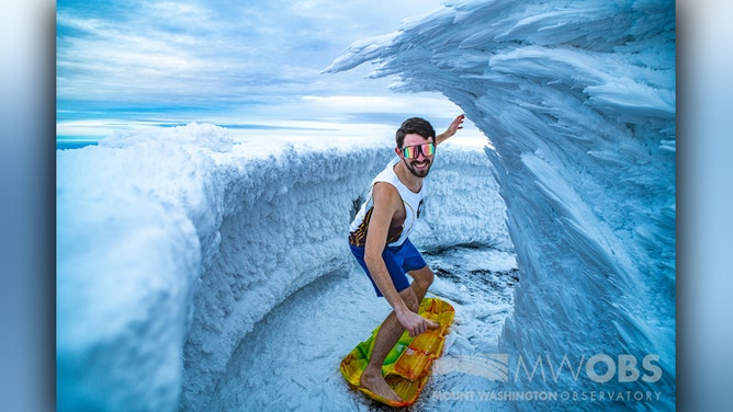 Meteorologists perched atop the Northeast's highest peak, known for the world's worst weather, took advantage of recent icy conditions to engage in a rather unusual activity: subarctic surfing.