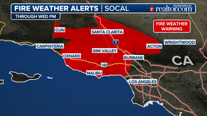 This graphic shows the fire weather alerts in Southern California.