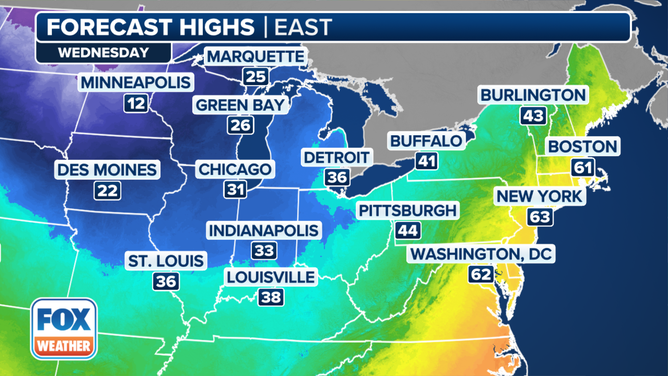 This graphic shows the forecast high temperatures on Wednesday, Dec. 11, 2024.