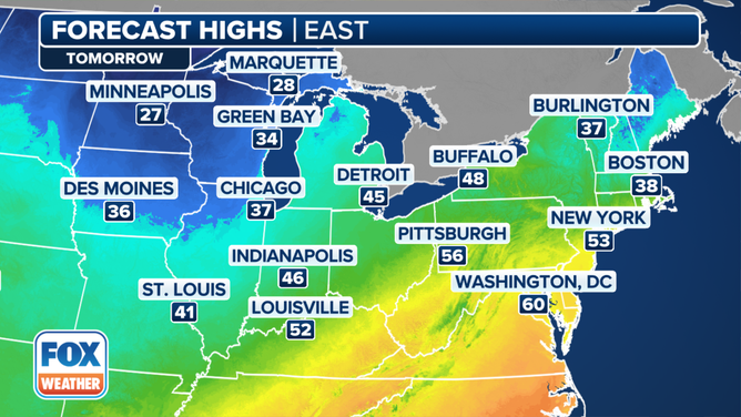This graphic shows the forecast high temperatures on Tuesday, Dec. 10, 2024.