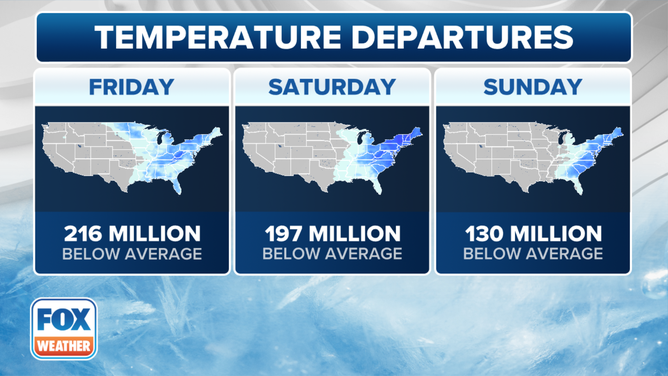 This graphic shows the temperature departures in the U.S. through Sunday.