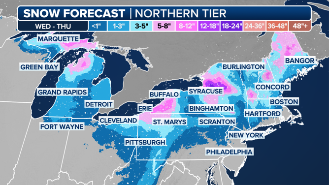 This graphic shows the forecast snow totals from Wednesday, Dec. 4 through Thursday, Dec. 5.