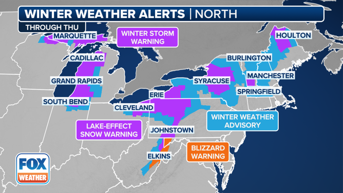 This graphic shows winter weather alerts in effect from the Great Lakes to the Northeast, as well as into the mid-Atlantic.