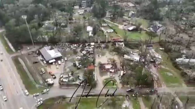 Tornado damage is seen in this image of drone video taken above Porter Heights, Texas, on Dec. 28, 2024.