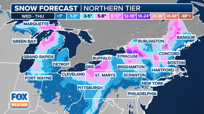 This graphic shows the forecast snow totals in the Great Lakes and Northeast from an Alberta Clipper.