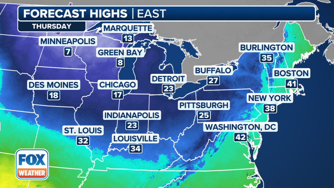 This graphic shows the forecast high temperatures on Thursday, Dec. 12, 2024.