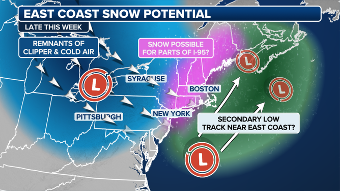 This graphic shows information regarding the potential for winter weather in the Northeast later this week.