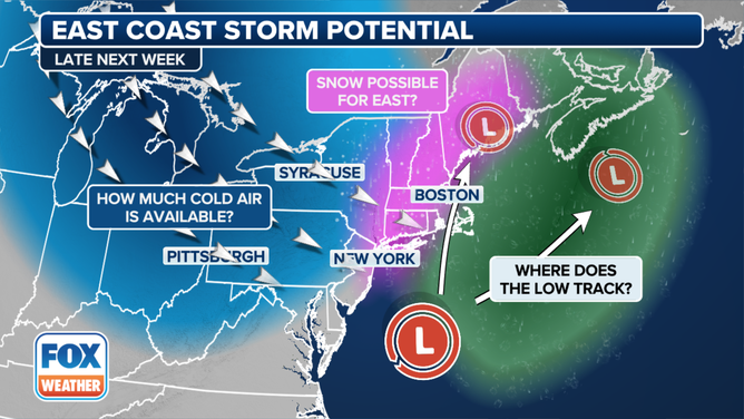 This graphic shows the potential for a winter storm impacting the East Coast late this week.