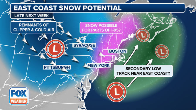 This graphic shows the potential for a winter storm impacting the East Coast late this week.