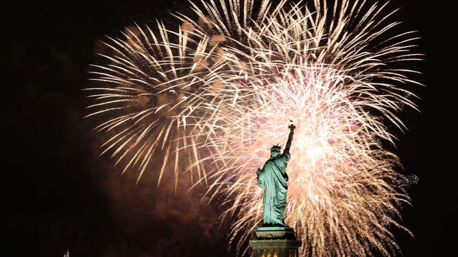 Fireworks light up sky over Statue of Liberty during New Year celebrations