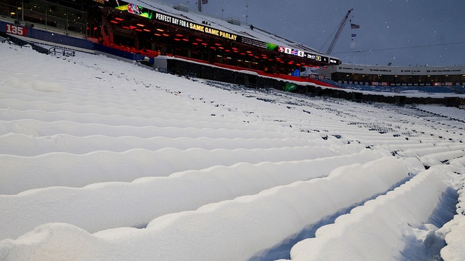 A general view of snow covered seats before a game between the Buffalo Bills and the San Francisco 49ers at Highmark Stadium on December 01, 2024 in Orchard Park, New York.