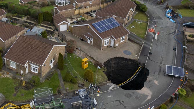 An aerial view of the sinkhole at Nant Morlais on December 11, 2024 in Merthyr Tydfil, Wales. 